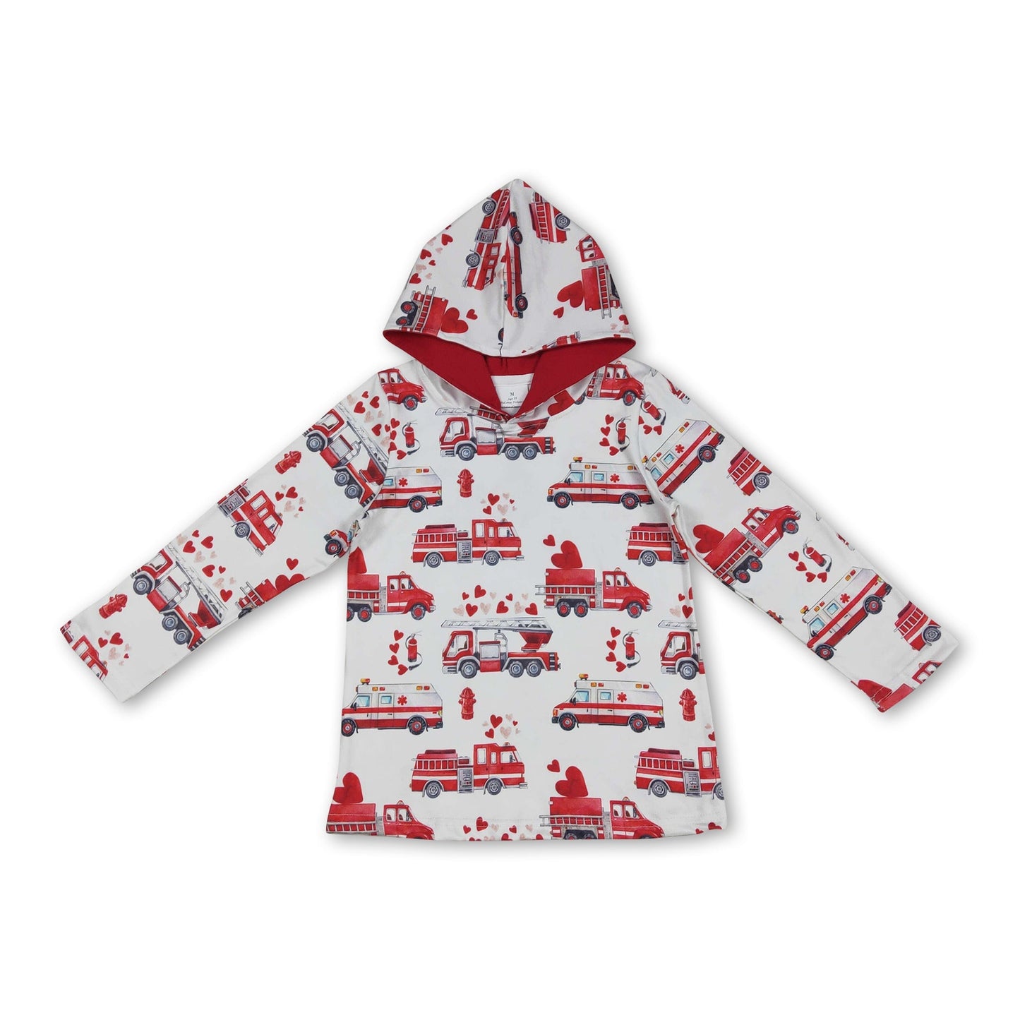 Long sleeves red heart fire truck boys Valentine's hoodie